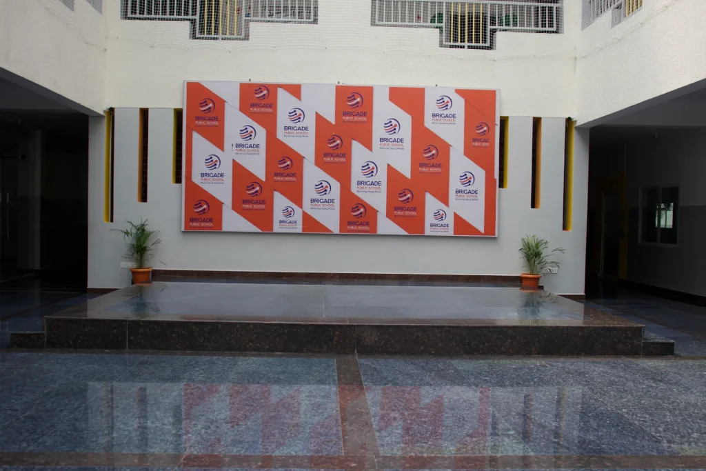 Assembly and stage area at Brigade Public School, Gurramguda campus