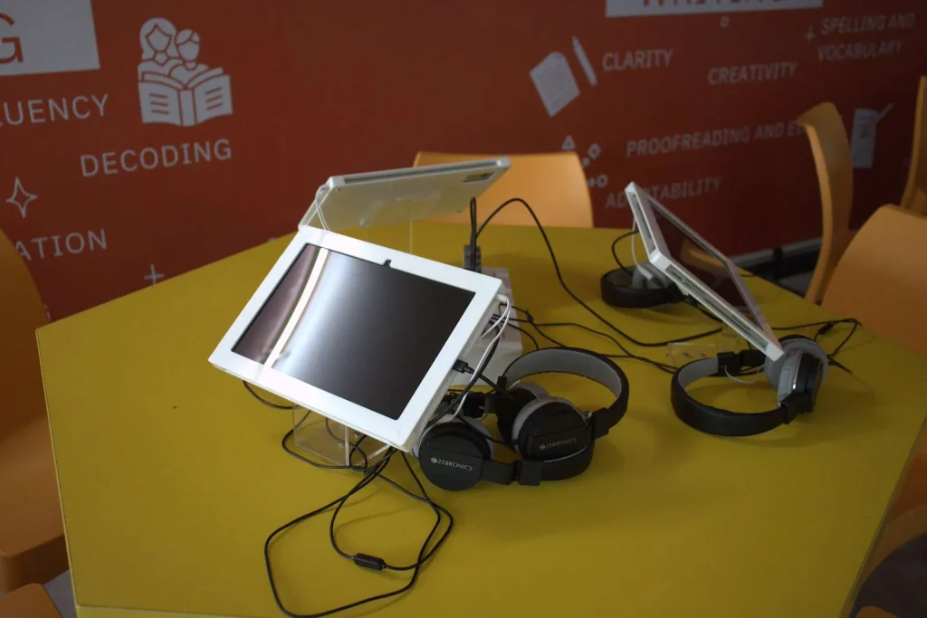 English language lab with tablets and headphones at Brigade Public School, Gurramguda campus