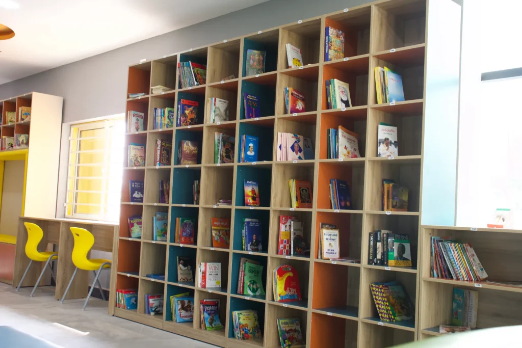 Library bookshelves at Brigade Public School, Gurramguda campus