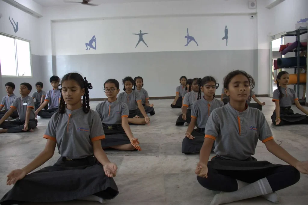 Girls practising meditation at Brigade Public School, Gurramguda campus