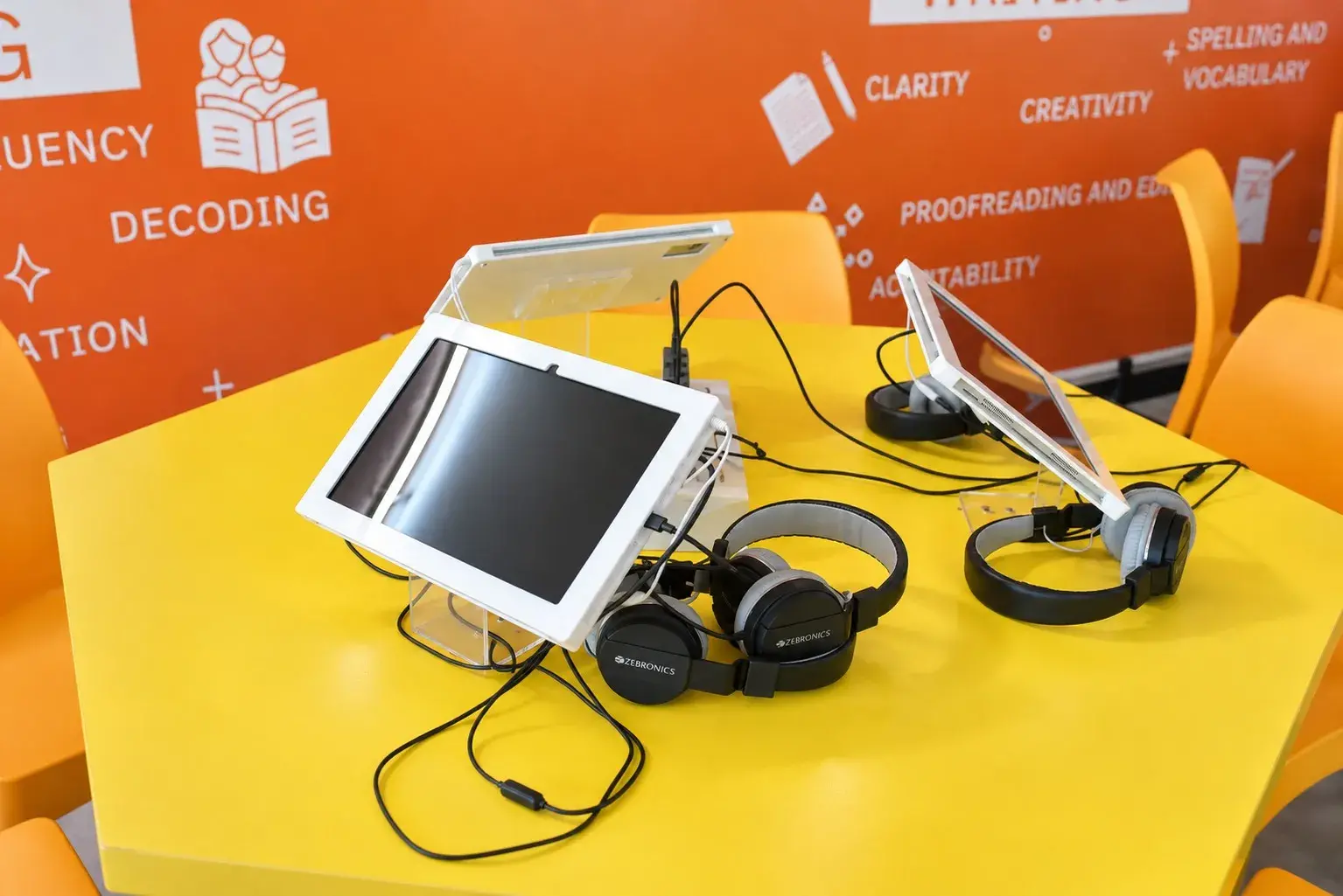 English language lab with tablets and headphones at Brigade Public School, Gurramguda campus